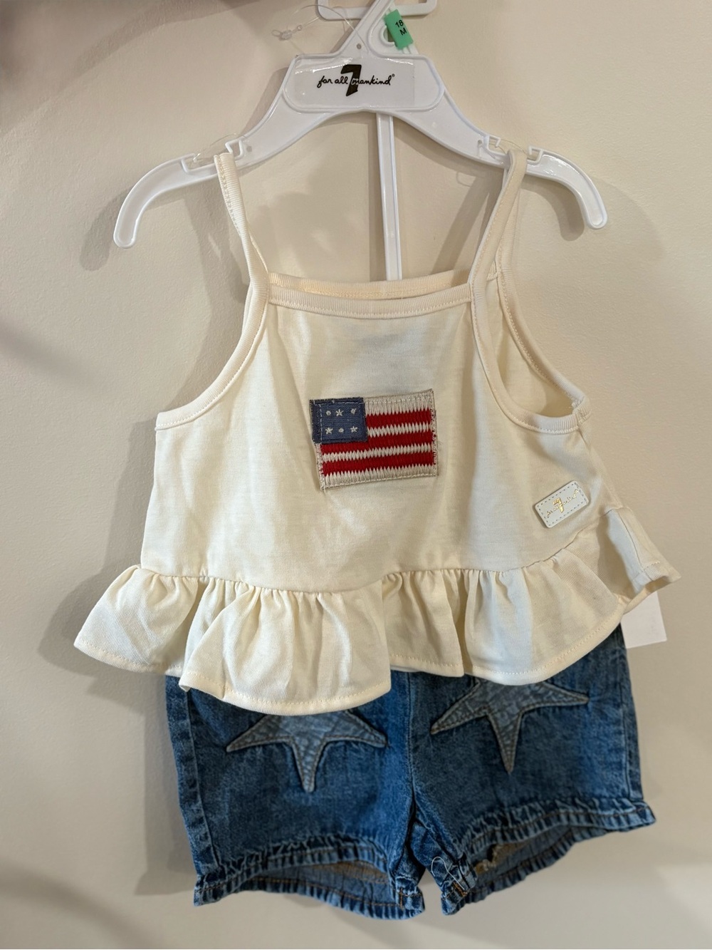 7 For All Mankind Cream Ruffle Tank Top with Flag Patch